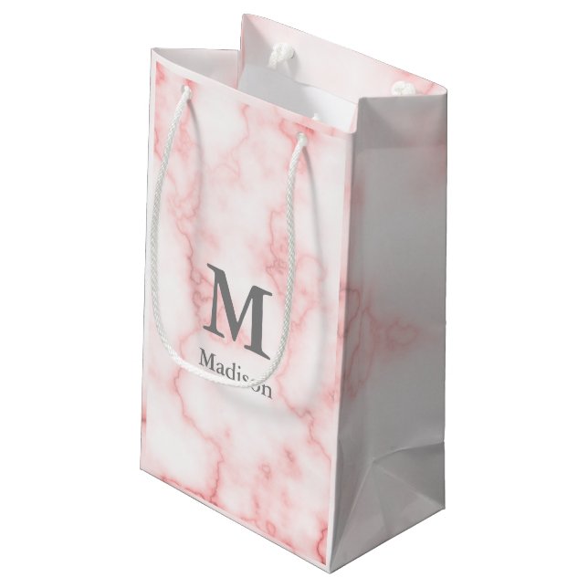 Elegant Faux Rosa Marble Grått Namn och Monogram (Baksidan Vinklad)