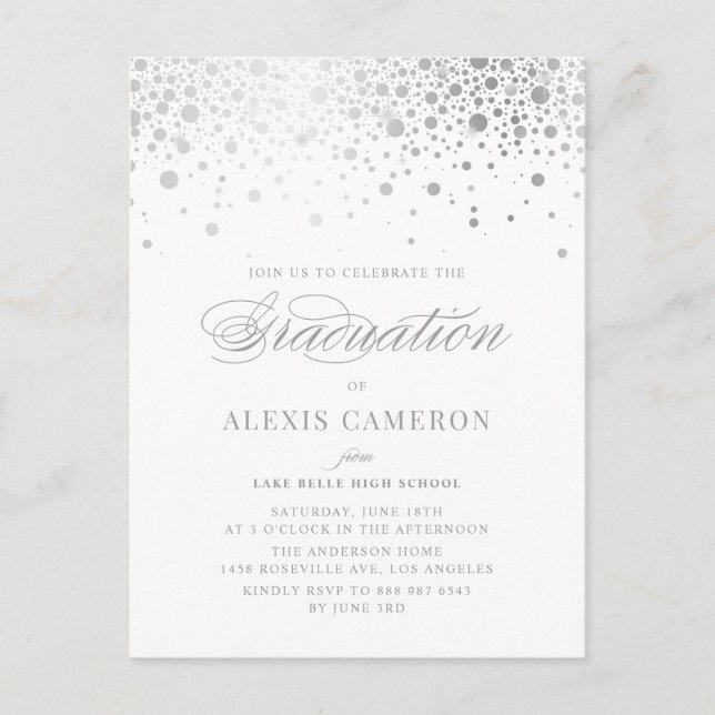 Elegant Faux Silver Foil Confetti Studenten Inbjudan Vykort (Framsida)