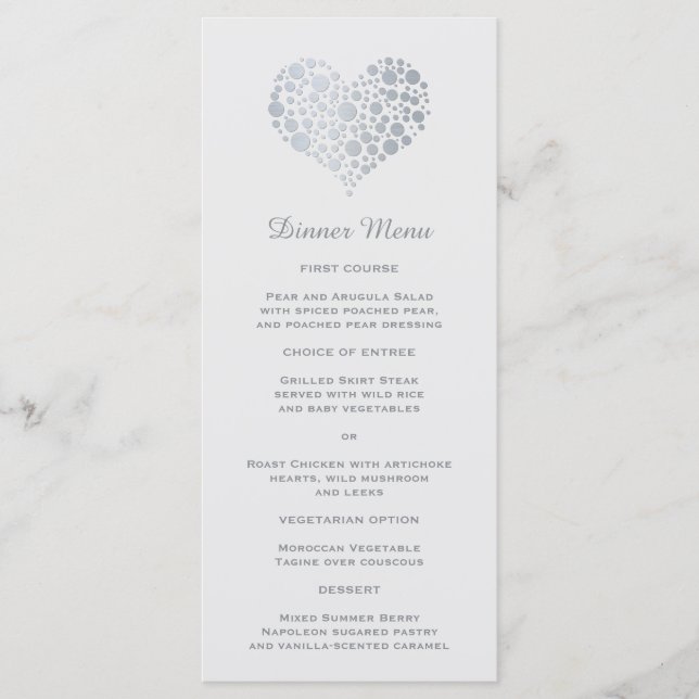 Elegant Faux Silver Foil Heart Slim Dinner Menu Meny (Framsida)