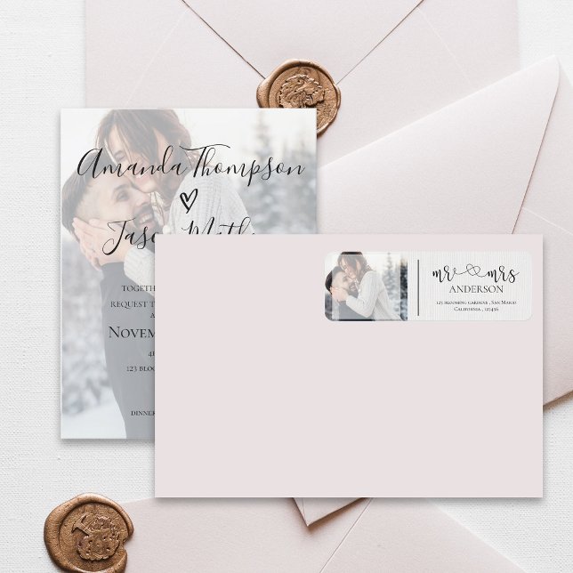 Elegant Faux Vellum Mr & Photo Bröllop Label Returadress Etikett (Elegant Faux Vellum Mr & Mrs Photo Wedding Address Label)