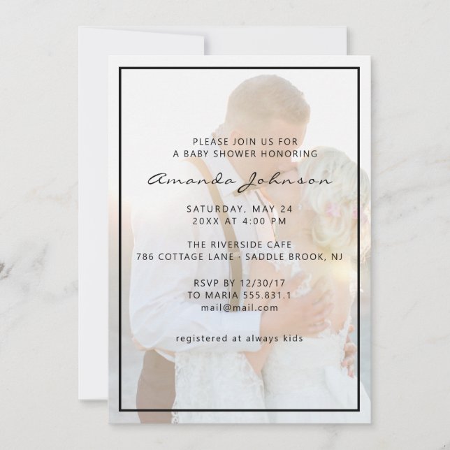 Elegant Faux Vellum Overlay Photo Baby Shower Inbjudningar (Framsida)