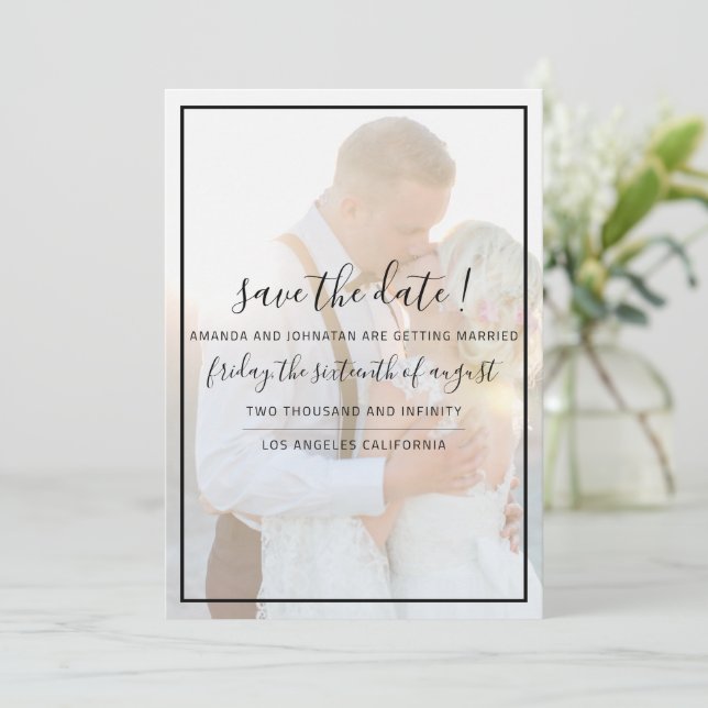 Elegant Faux Vellum Overlay Photo Wedding Save The Spara Datumet (Stående Fram)