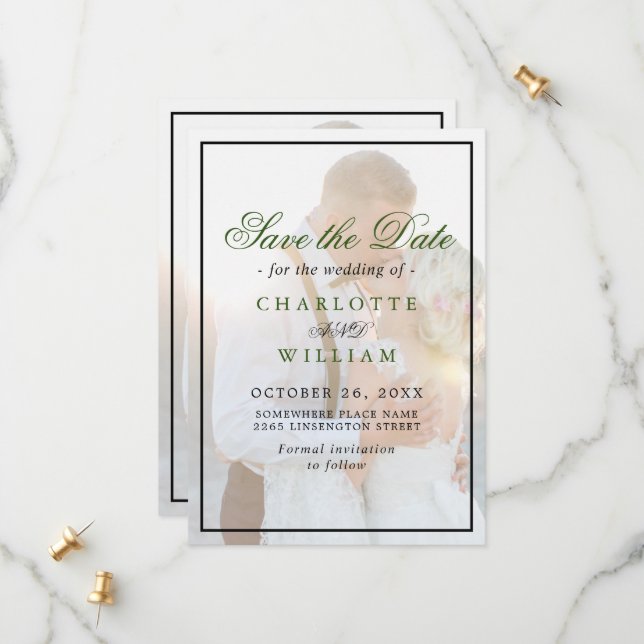 Elegant Faux Vellum Overlay Photo Wedding Save The Spara Datumet (Fram/Back In Situ)