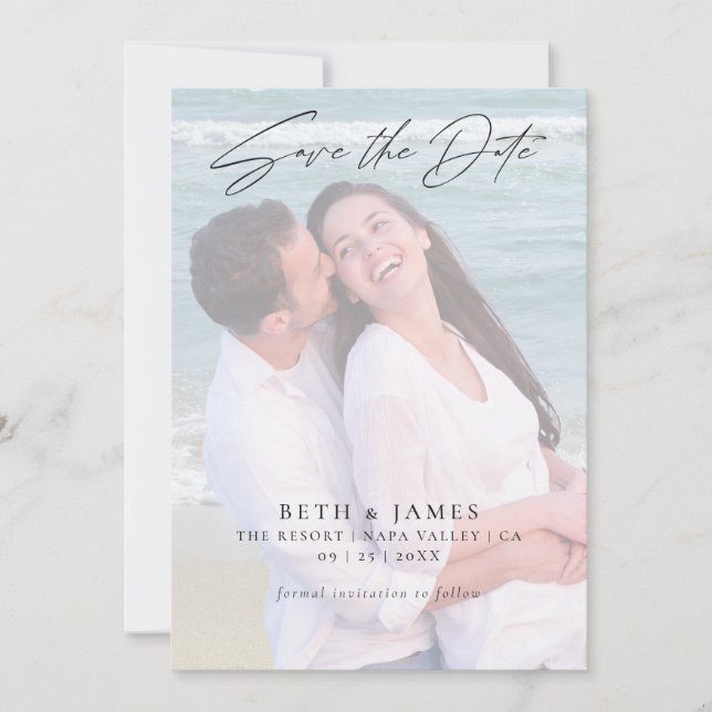 Elegant Faux Vellum Photo Beach Wedding Spara Datumet (Framsida)
