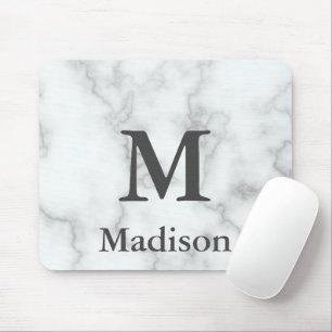 Elegant Faux White Marble Grått Namn och Monogram Musmatta