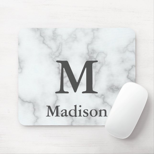 Elegant Faux White Marble Grått Namn och Monogram Musmatta (Med mus)