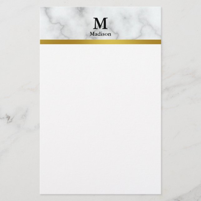 Elegant Faux White Marble med Namn och Monogram Brevpapper (Framsida)