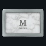 Elegant Faux White Marble Mörk Grått Monogram Namn<br><div class="desc">Ett stort,  mörk grått-monogram står ovanför texten för ditt namn. Du kan anpassa grått-mörken-texten på detta faux white marble bälte-låsbeslag med ditt namn och monogram.</div>