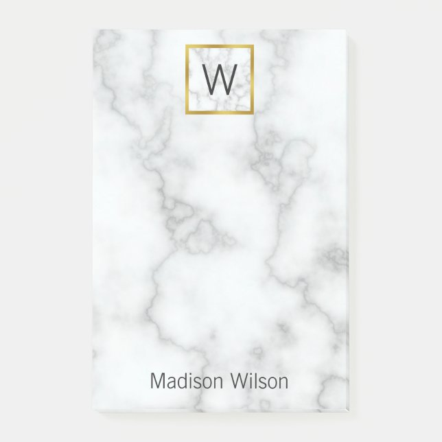 Elegant Faux White Marble Namn Monogram-mall Post-it Block (Framsida)