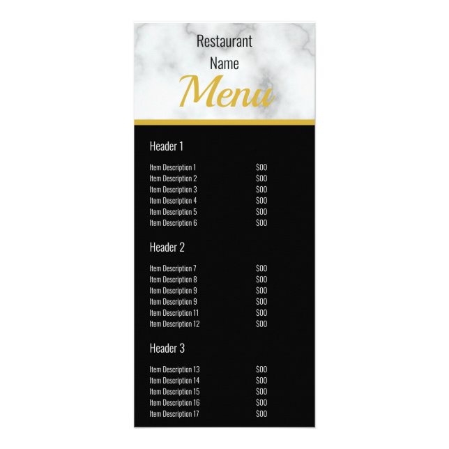 Elegant Faux White Marble Restaurant Menu Reklamkort (Framsidan)