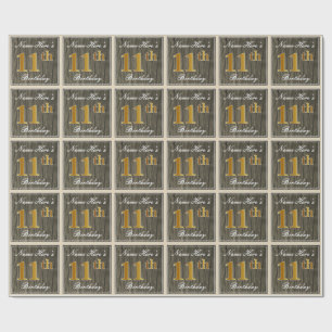Elegant, Faux Wood, Faux Guld 11:e födelsedagen + Presentpapper