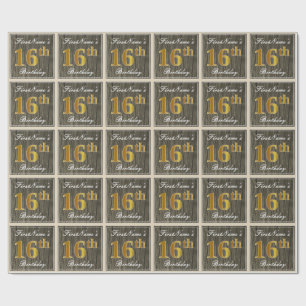 Elegant, Faux Wood, Faux Guld 16:e födelsedagen + Presentpapper