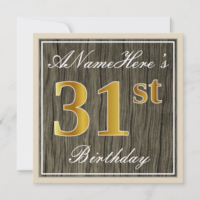 Elegant, Faux Wood, Faux Guld 31a Birthday + Namn Inbjudningar (Framsida)