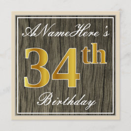 Elegant, Faux Wood, Faux Guld 34:e födelsedagen +  Inbjudningar