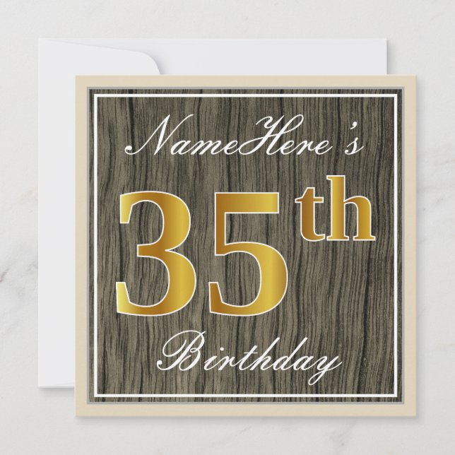 Elegant, Faux Wood, Faux Guld 35e Birthday + Namn Inbjudningar (Framsida)