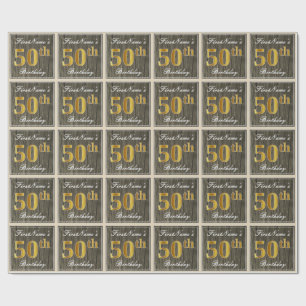 Elegant, Faux Wood, Faux Guld 50:e födelsedagen +  Presentpapper