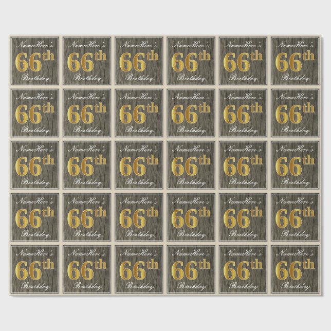 Elegant, Faux Wood, Faux Guld 66:e födelsedagen +  Presentpapper (Platt)