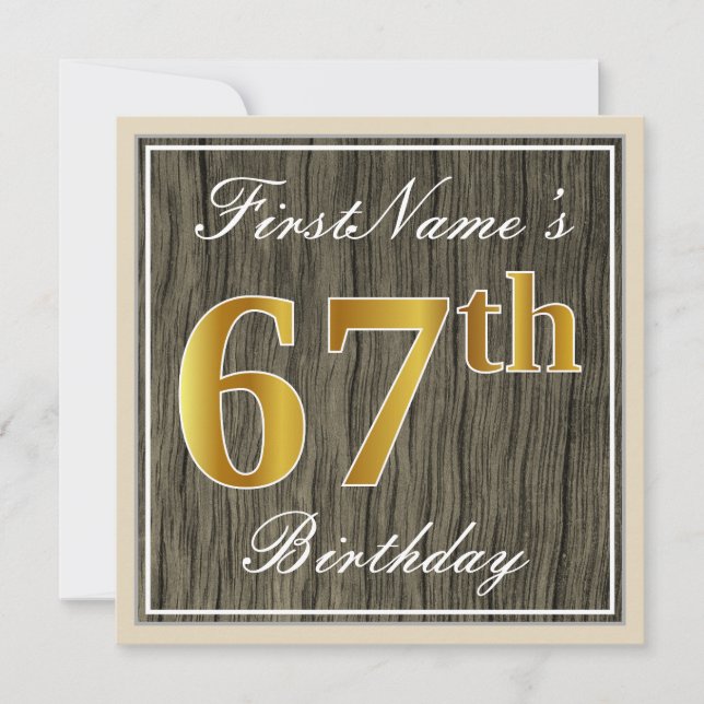 Elegant, Faux Wood, Faux Guld 67:e födelsedagen +  Inbjudningar (Framsida)