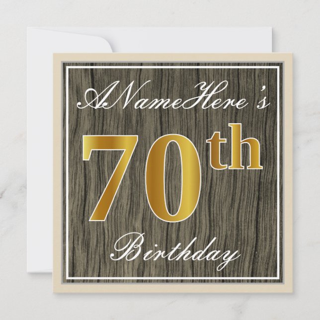 Elegant, Faux Wood, Faux Guld 70 Birthday + Namn Inbjudningar (Framsida)