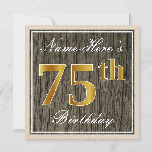 Elegant, Faux Wood, Faux Guld 75:e Birthday + Namn Inbjudningar (Framsida)