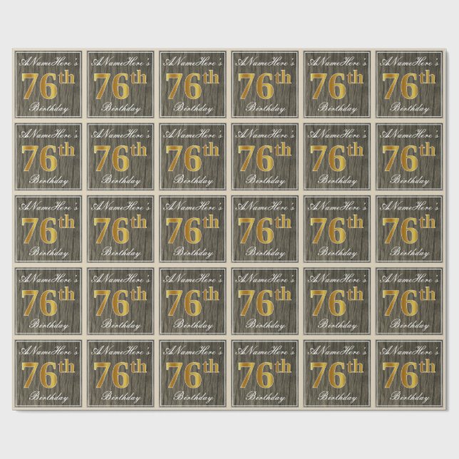 Elegant, Faux Wood, Faux Guld 76:e födelsedagen +  Presentpapper (Platt)