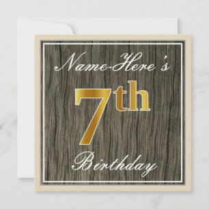 Elegant, Faux Wood, Faux Guld 7:e Birthday + Namn Inbjudningar