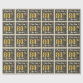 Elegant, Faux Wood, Faux Guld 80 Birthday + Namn Presentpapper