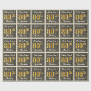 Elegant, Faux Wood, Faux Guld 80 Birthday + Namn Presentpapper