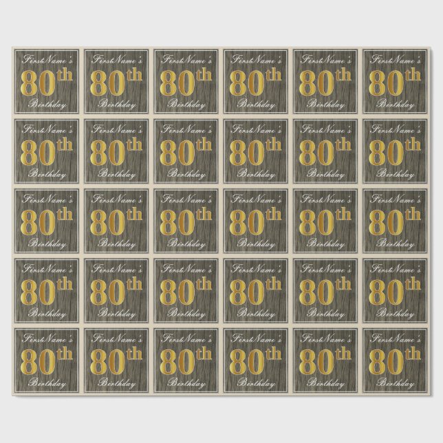 Elegant, Faux Wood, Faux Guld 80 Birthday + Namn Presentpapper (Platt)