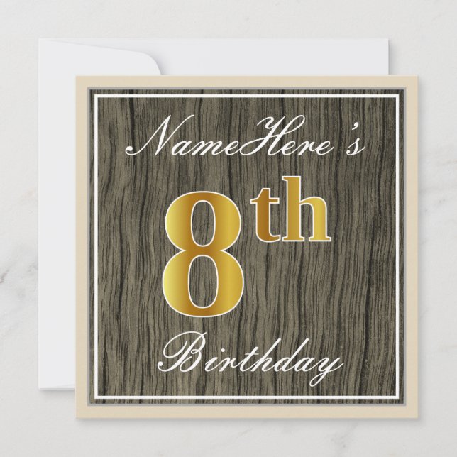 Elegant, Faux Wood, Faux Guld 8th Birthday + Namn Inbjudningar (Framsida)