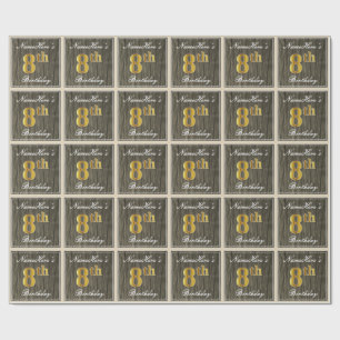 Elegant, Faux Wood, Faux Guld 8th Birthday + Namn Presentpapper
