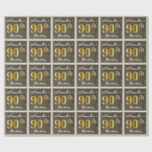 Elegant, Faux Wood, Faux Guld 90:e Birthday + Namn Presentpapper