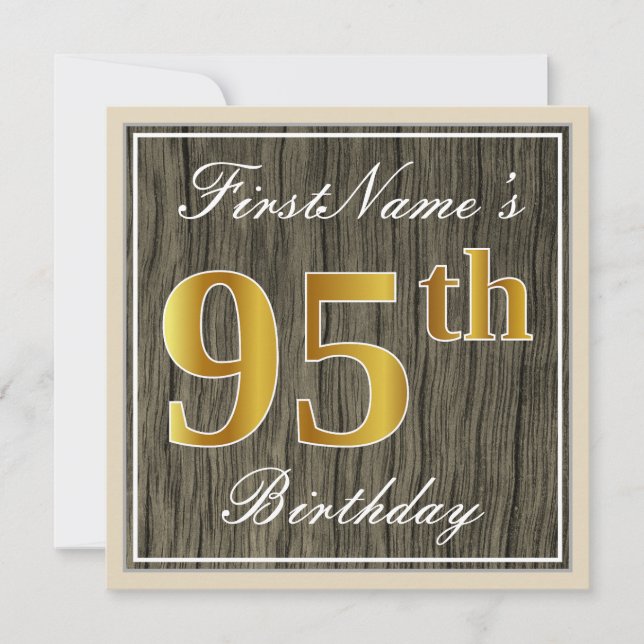 Elegant, Faux Wood, Faux Guld 95 Birthday + Namn Inbjudningar (Framsida)
