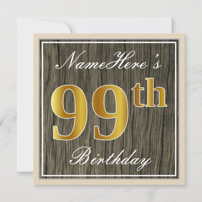 Elegant, Faux Wood, Faux Guld 99 Birthday + Namn Inbjudningar (Framsida)