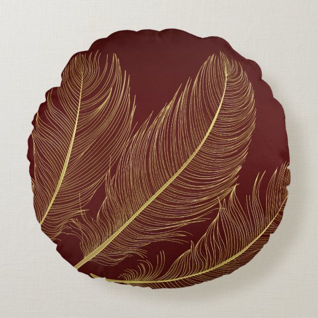 Elegant Feather Art In Rich Burgundy Luxury Tones Rund Kudde (Framsidan)
