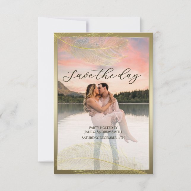 Elegant Feather Save The Date Photo Card Spara Datumet (Framsida)