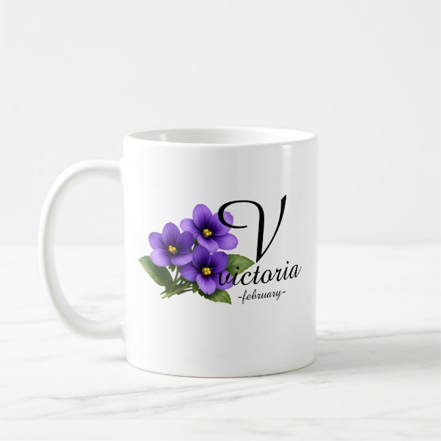 Elegant February Violet Monogram – Victoria Kaffemugg (Vänster)