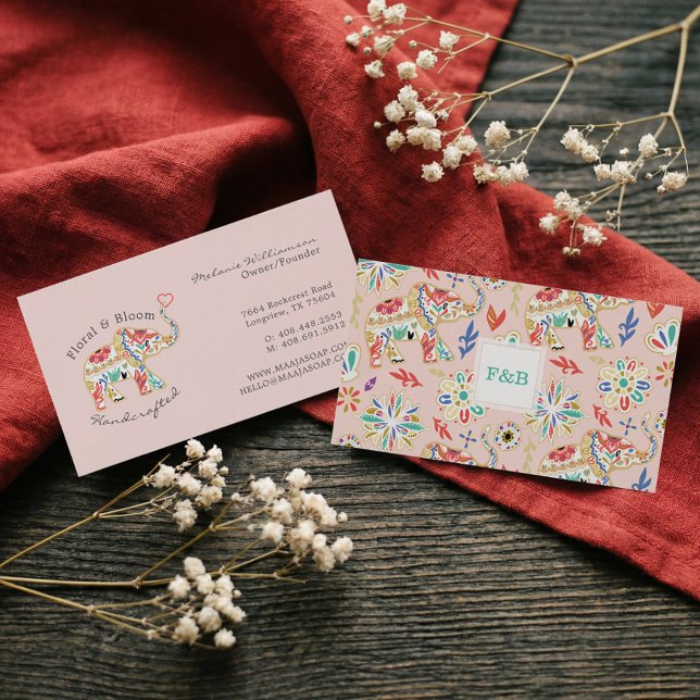 Elegant Feminin Blommigt Decorative Ornate Elephan Visitkort (Elegant Feminine Floral Decorative Ornate Elephant Business Card)
