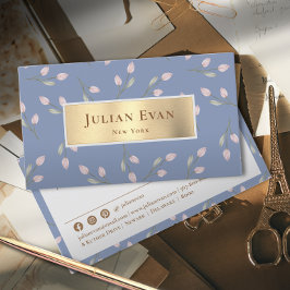 Elegant Feminine Glitter Guld Dusty Blue Blommigt Visitkort