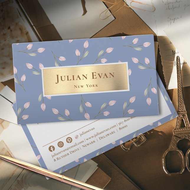 Elegant Feminine Glitter Guld Dusty Blue Blommigt Visitkort (Skapare uppladdad)