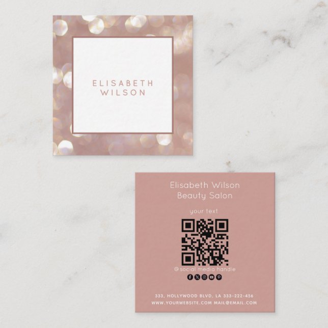 Elegant feminininminimalistisk ro guld-gräns QR Fyrkantigt Visitkort (Fram/baksida)