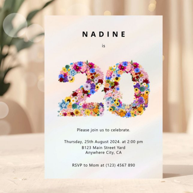 Elegant Feminint Chic Blommig 20-årsfest Inbjudningar (floral birthday invitation, 20th birthday invite, flower number invitation, feminine birthday invite)