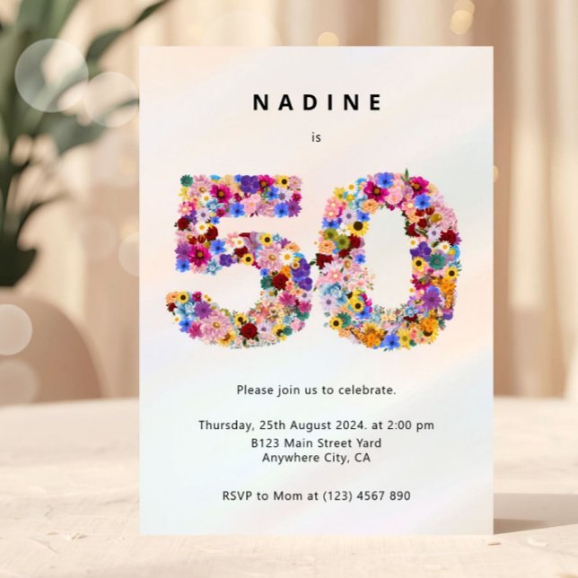 Elegant Feminint Chic Blommigt 50-årsfirande Inbjudningar (50th birthday invitation, floral 50 invite, fifty birthday party invite, elegant birthday invite, fl)