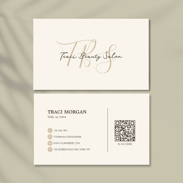 Elegant Feminint Skript Kräm Beige Qr Kod Visitkort (Skapare uppladdad)