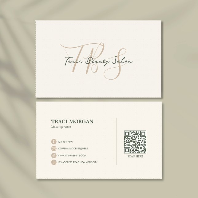 Elegant Feminint Skript Kräm Sagegrön QR-kod Visitkort (Skapare uppladdad)