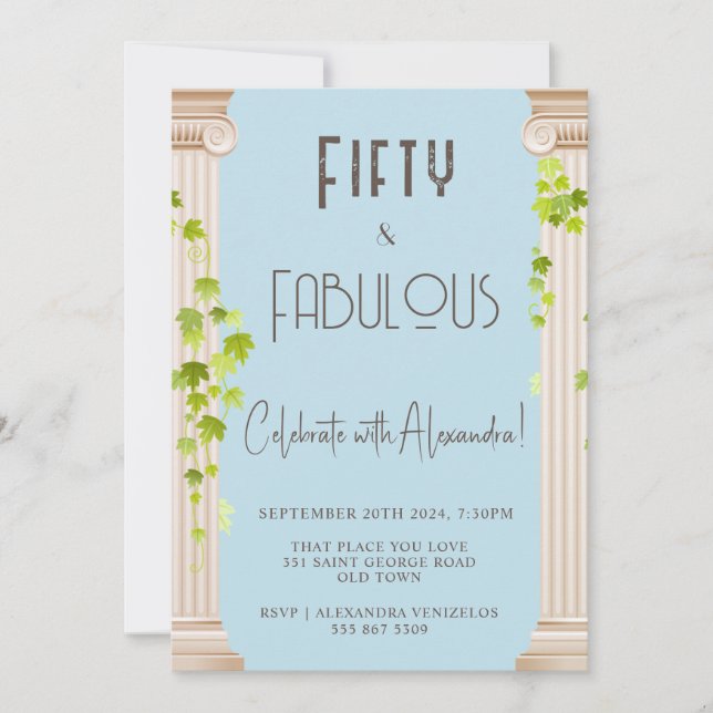 Elegant Femtio Fabulous Greece Theme Blue Birthday Inbjudningar (Framsida)
