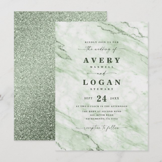 Elegant Fern Grönt Marble & Glitter Bröllop Inbjudningar (Fram/baksida)