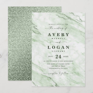 Elegant Fern Grönt Marble & Glitter Bröllop Inbjudningar