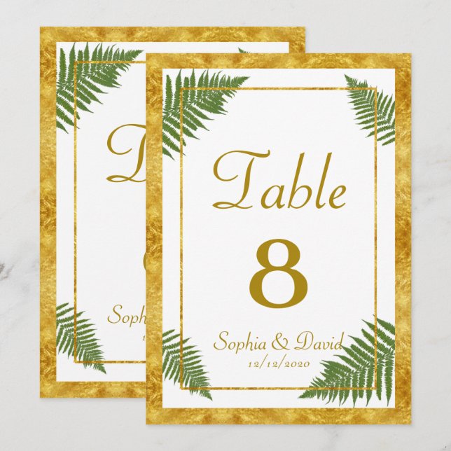 Elegant Fern Löv Gold Foil Bröllop BORDSNUMMER (Fram/baksida)