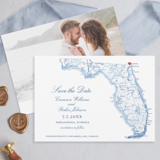 Elegant Fernandina Florida Bröllop flottan Karta Spara Datumet (Elegant Fernandina Florida Save the date with navy blue map by Coastal Map Designs)